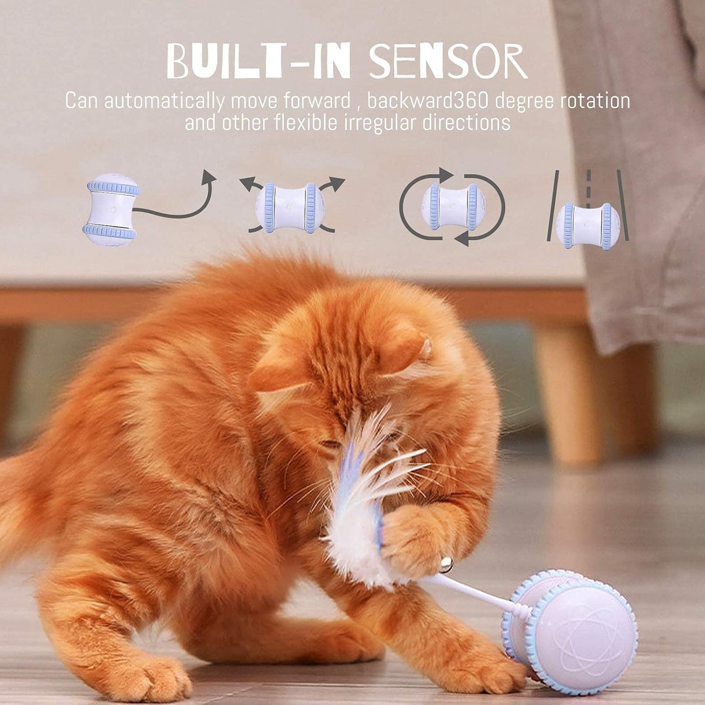 Exciting Automatic Cat Feather Toy - Interactive 360° Rotating Ball with LED Light, USB Rechargeable, and Replaceable Feathers - Perfect Indoor Fun for Your Feline (Blue)