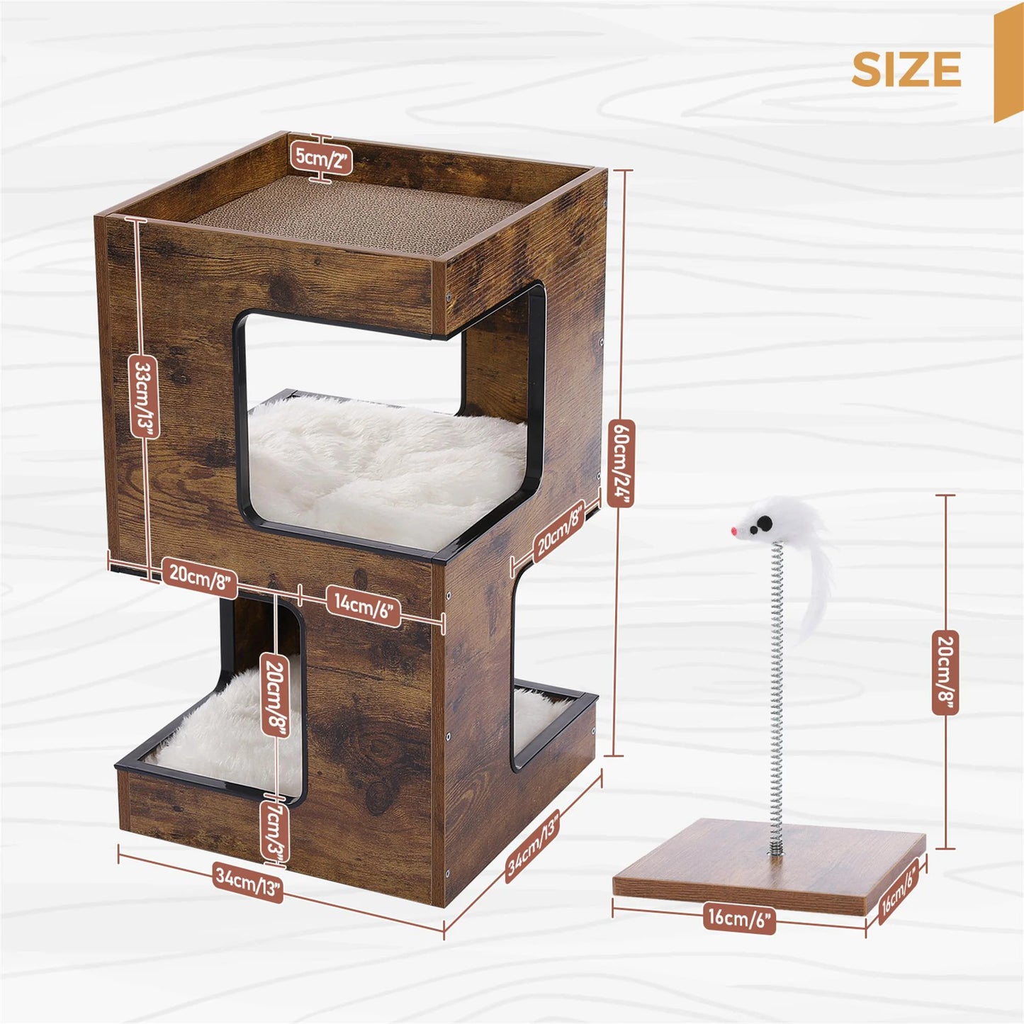 Stylish 23" Indoor Cat House - Modern Cat Tree Tower with Free Toy, Scratching Pad & Soft Mats - Cozy Brown Condo for Small Cats