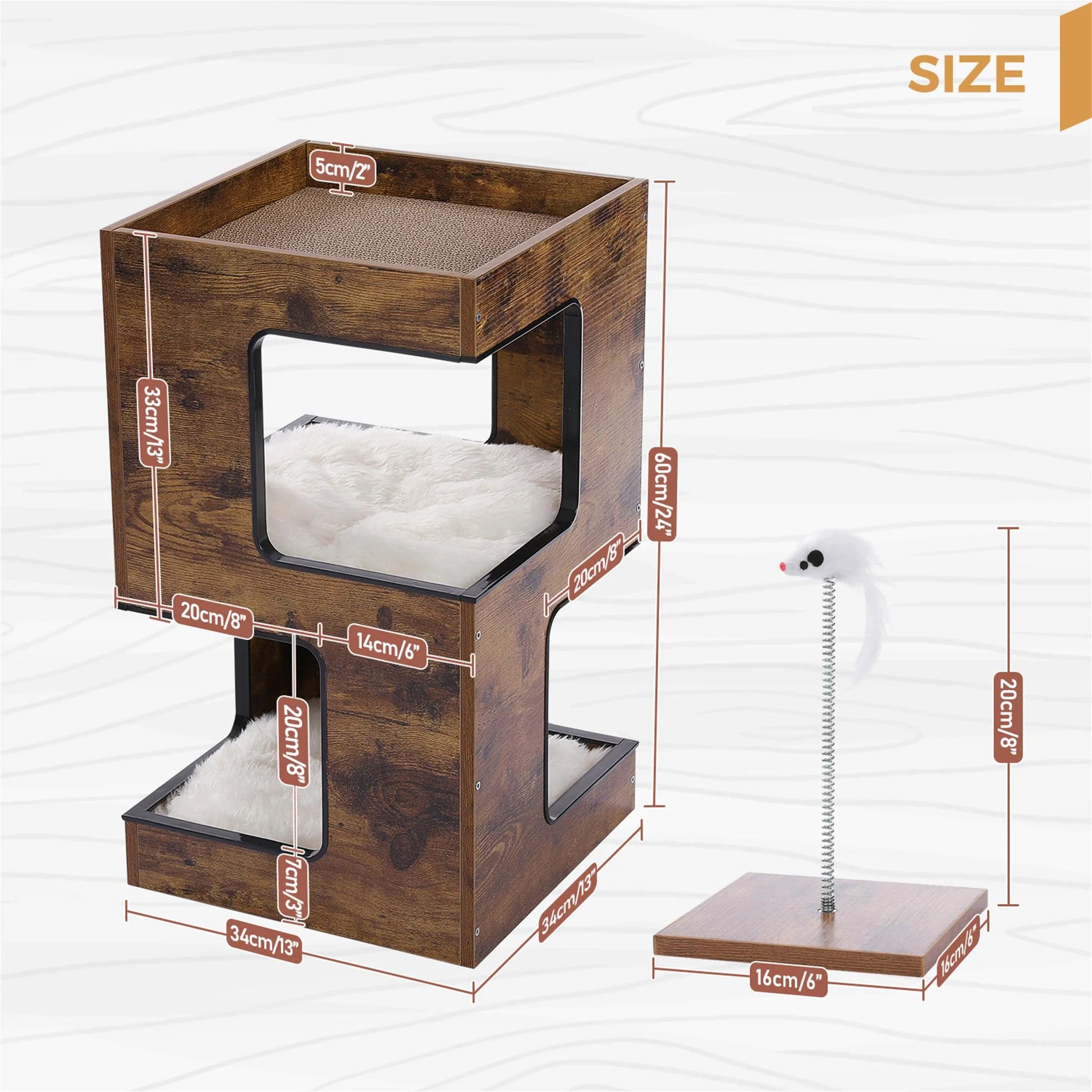 Stylish 23" Indoor Cat House - Modern Cat Tree Tower with Free Toy, Scratching Pad & Soft Mats - Cozy Brown Condo for Small Cats