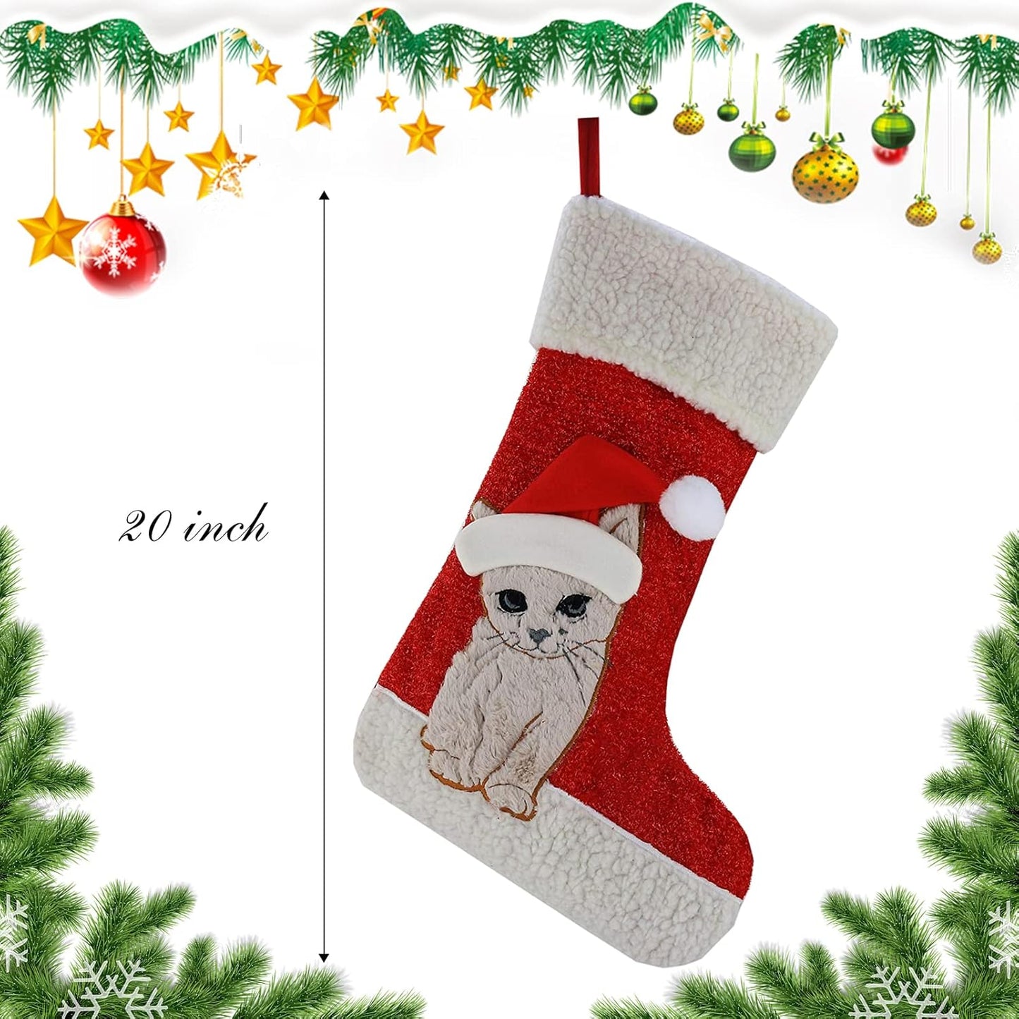 Adorable 20'' Embroidered Cat Christmas Stockings - Perfect Holiday Socks for Your Feline Friend!