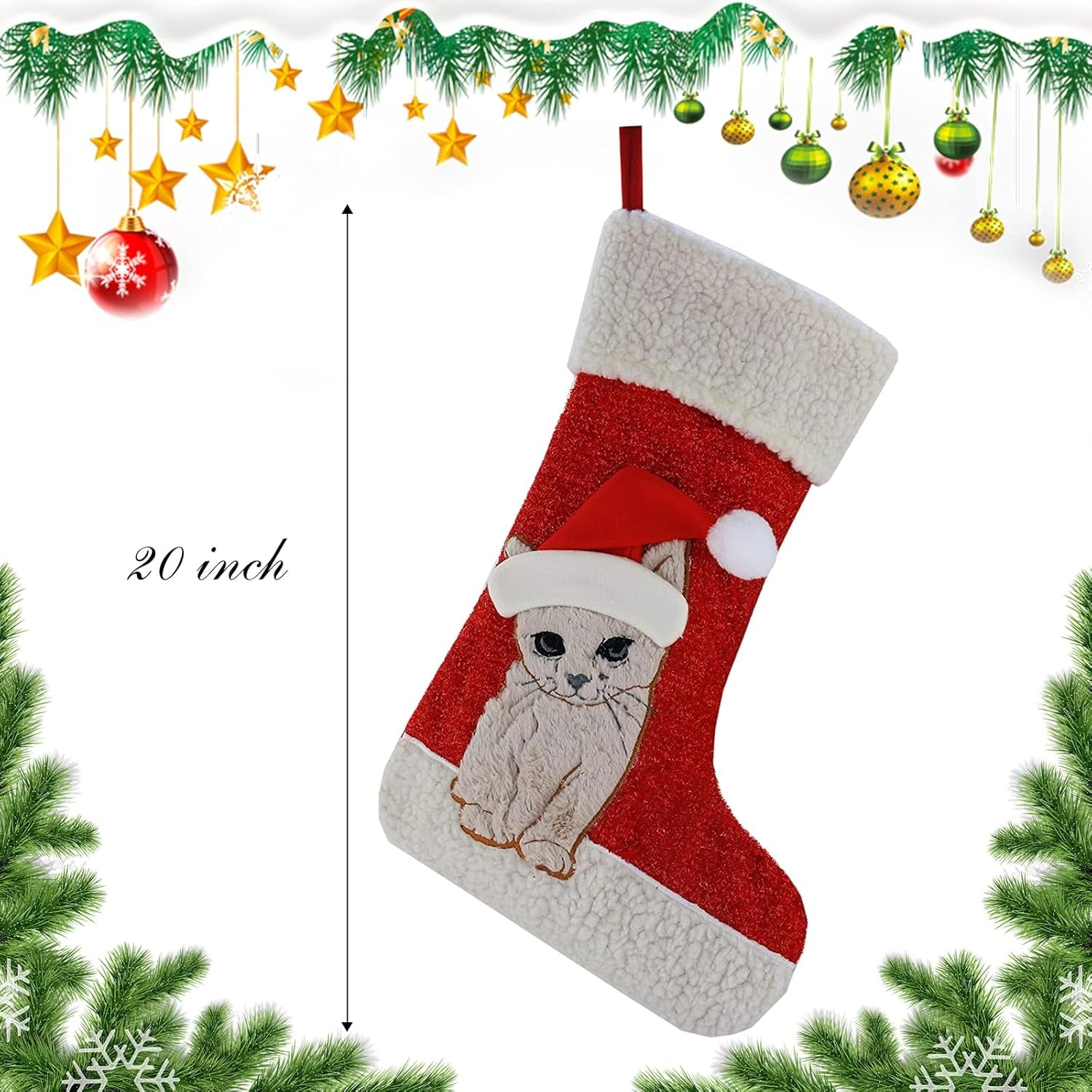 Adorable 20'' Embroidered Cat Christmas Stockings - Perfect Holiday Socks for Your Feline Friend!