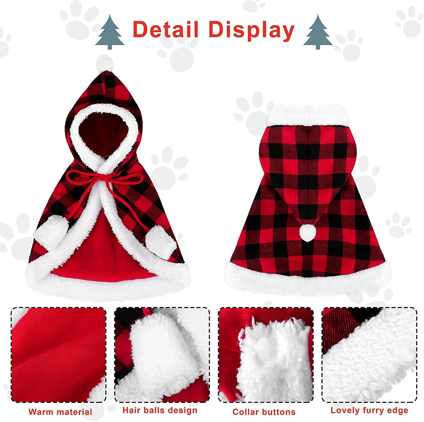 Christmas Cat Dog Costume Red Black Buffalo Plaid Pet Santa Cape with Xmas Hat Cat Collars with Bell and Bowtie Cats Cloak Pet Costume for Party Cosplay Christmas Pets Dress up (Medium)