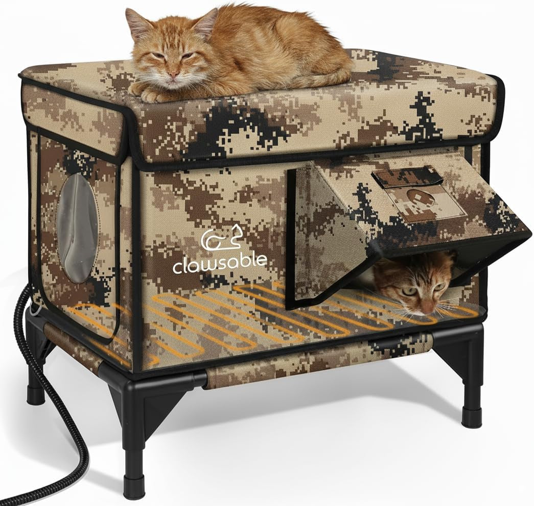 Indestructible Heated Cat House for outside Winter, 100% Waterproof, Safe Escape Door, Insulated Outdoor Cat Shelter with Heater for Feral Barn Cat Kitty (Forest Green, 27"X17"X18")