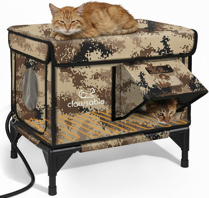 Indestructible Heated Cat House for outside Winter, 100% Waterproof, Safe Escape Door, Insulated Outdoor Cat Shelter with Heater for Feral Barn Cat Kitty (Forest Green, 27"X17"X18")