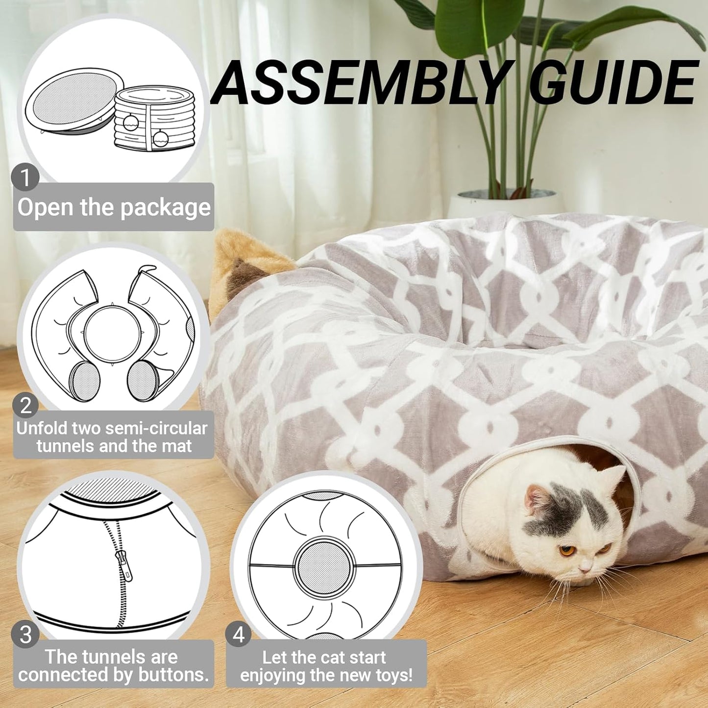 Cozy Large Cat Tunnel Bed with Fluffy Toy Balls & Cushion - Flexible 10" Diameter, 3 Ft Length - Perfect for Cats & Small Dogs - Stylish Gray Geometric Design