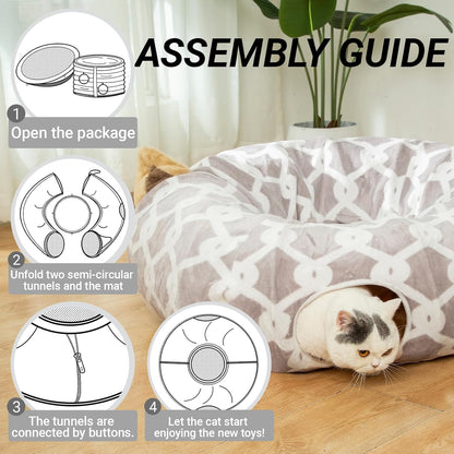 Cozy Large Cat Tunnel Bed with Fluffy Toy Balls & Cushion - Flexible 10" Diameter, 3 Ft Length - Perfect for Cats & Small Dogs - Stylish Gray Geometric Design