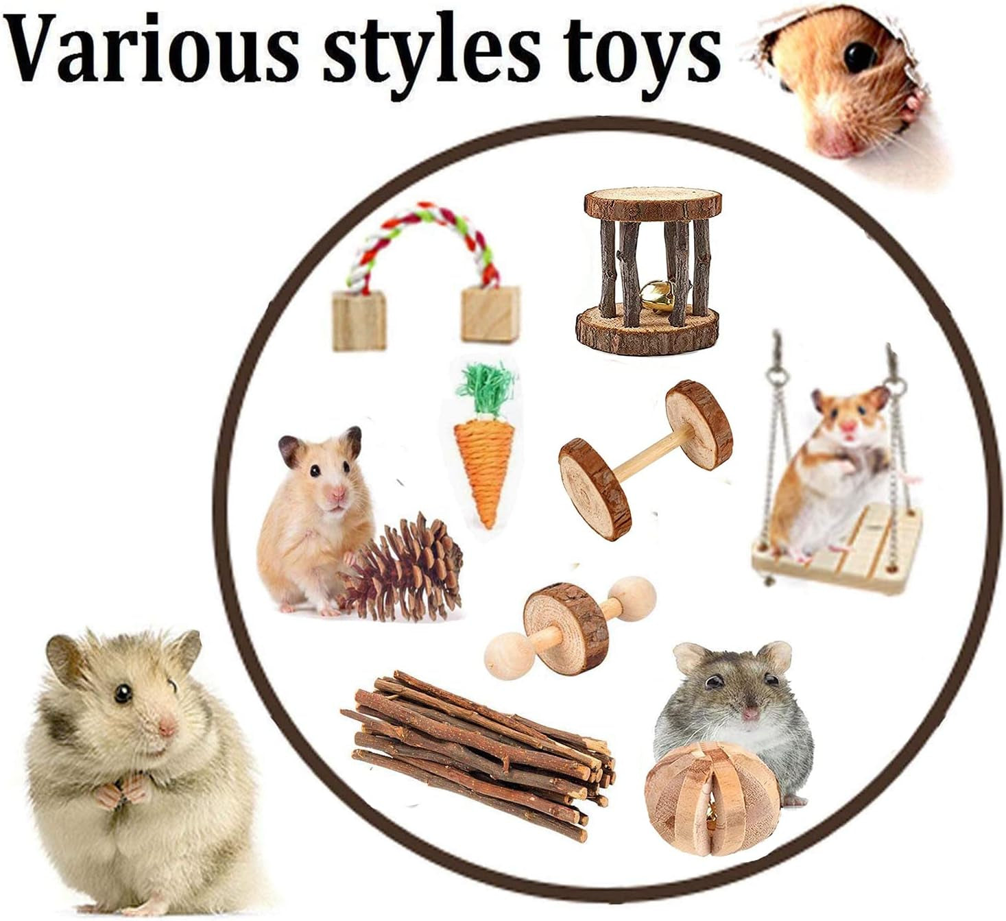 12PCS Natural Wooden Chew Toys for Hamsters, Guinea Pigs, and Rabbits - Dental Care & Exercise Set with Dumbbells, Bells, and Rollers