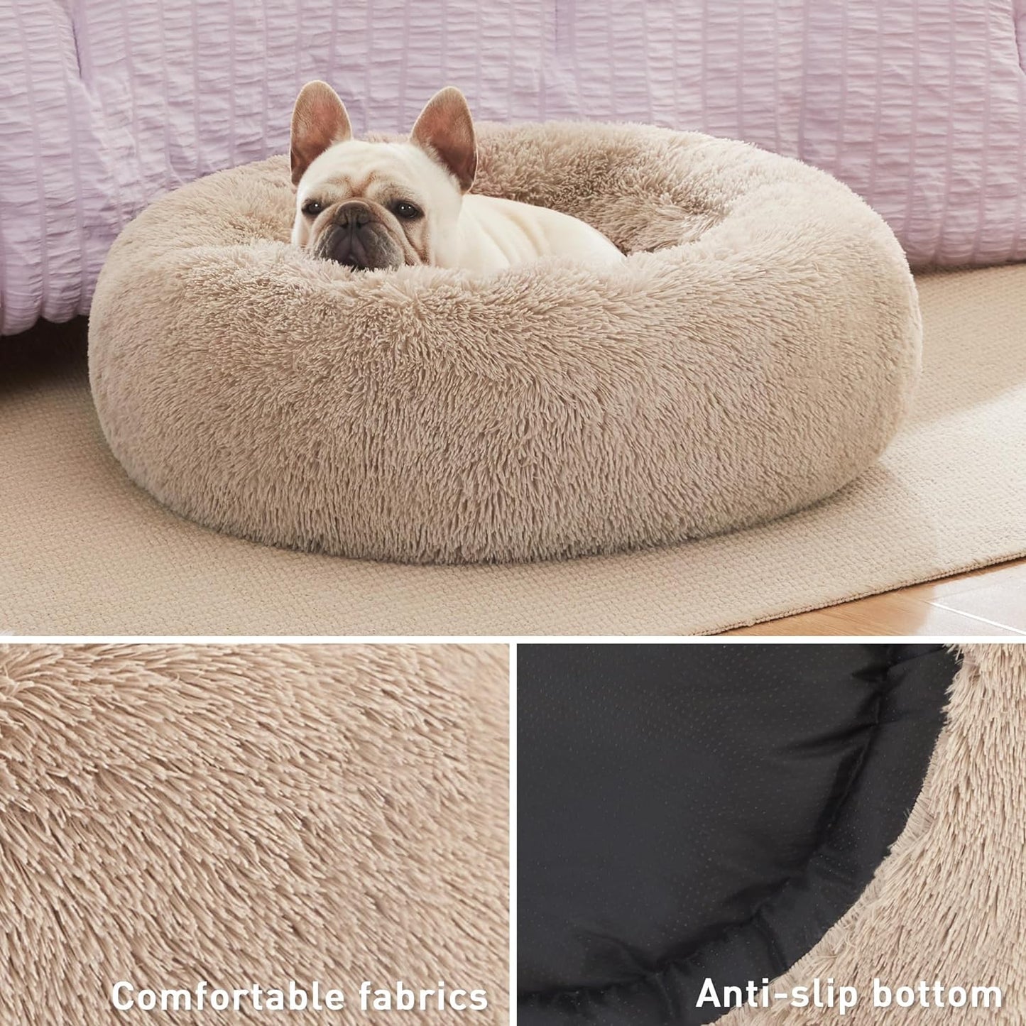 Cozy Taupe Anti-Anxiety Donut Cat & Dog Bed – Fluffy Faux Fur, Washable, Perfect for Small to Medium Pets, 24 Inch