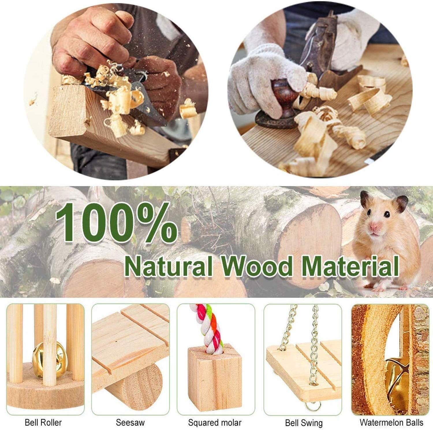 12PCS Natural Wooden Chew Toys for Hamsters, Guinea Pigs, and Rabbits - Dental Care & Exercise Set with Dumbbells, Bells, and Rollers