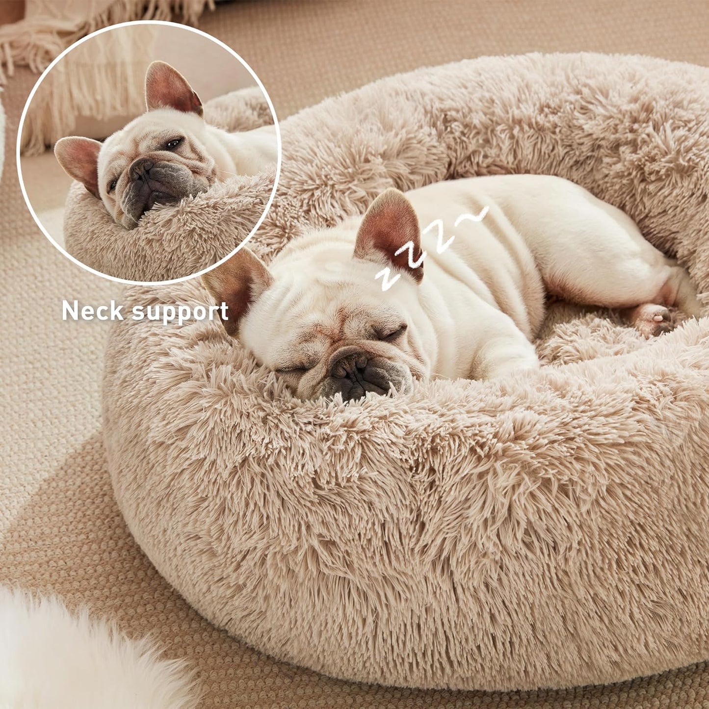 Cozy Taupe Anti-Anxiety Donut Cat & Dog Bed – Fluffy Faux Fur, Washable, Perfect for Small to Medium Pets, 24 Inch