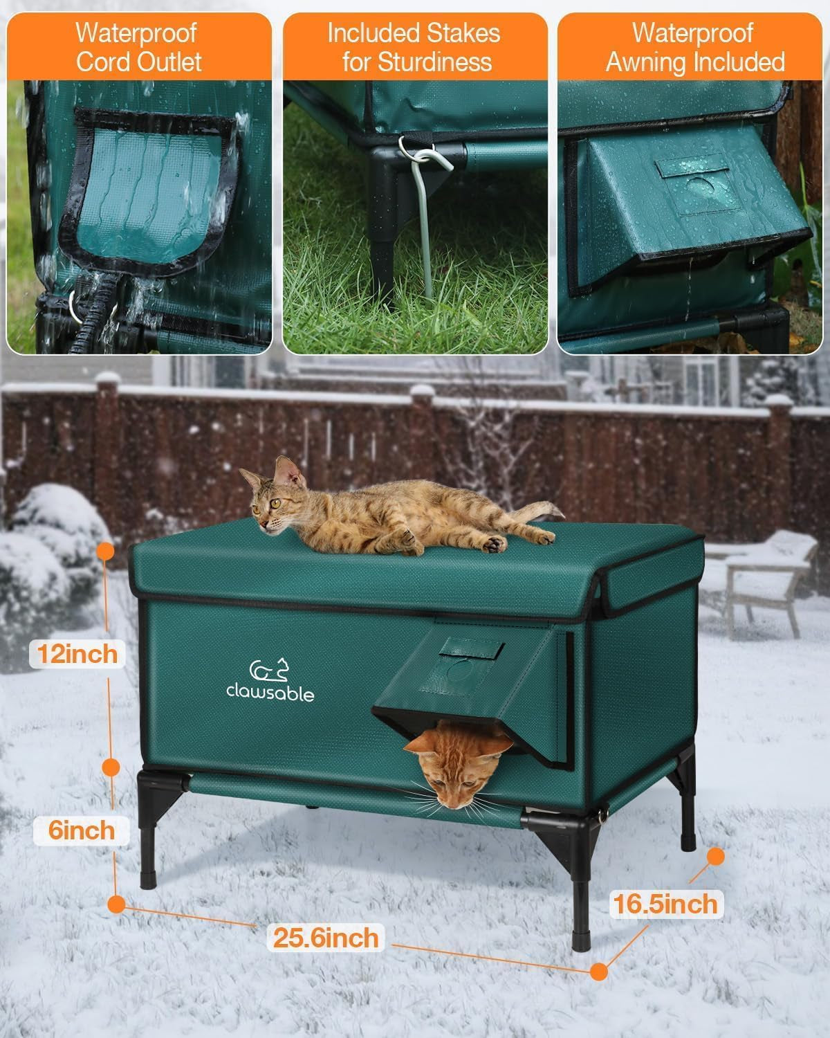 Indestructible Heated Cat House for outside Winter, 100% Waterproof, Safe Escape Door, Insulated Outdoor Cat Shelter with Heater for Feral Barn Cat Kitty (Forest Green, 27"X17"X18")