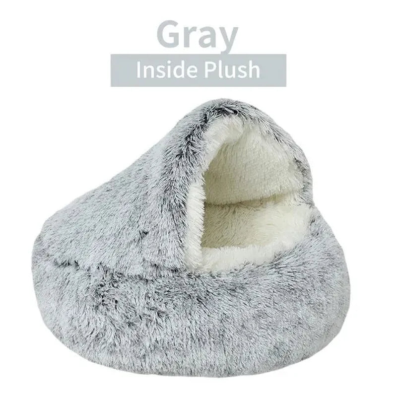 Cozy 2-in-1 Plush Hooded Cat & Dog Bed - Round Fluffy Sleeping Nest for Small Pets