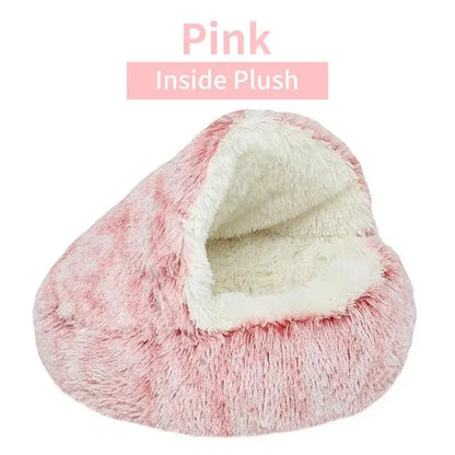 Cozy 2-in-1 Plush Hooded Cat & Dog Bed - Round Fluffy Sleeping Nest for Small Pets