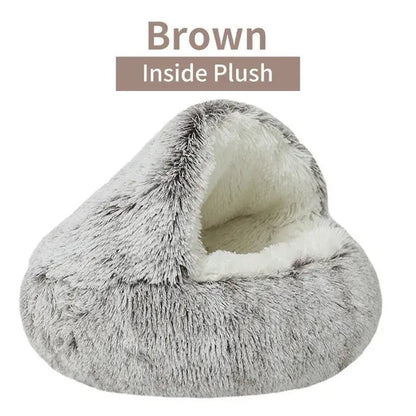 Cozy 2-in-1 Plush Hooded Cat & Dog Bed - Round Fluffy Sleeping Nest for Small Pets