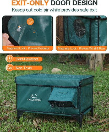 Indestructible Heated Cat House for outside Winter, 100% Waterproof, Safe Escape Door, Insulated Outdoor Cat Shelter with Heater for Feral Barn Cat Kitty (Forest Green, 27"X17"X18")