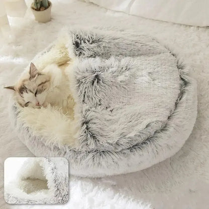 Cozy 2-in-1 Plush Hooded Cat & Dog Bed - Round Fluffy Sleeping Nest for Small Pets