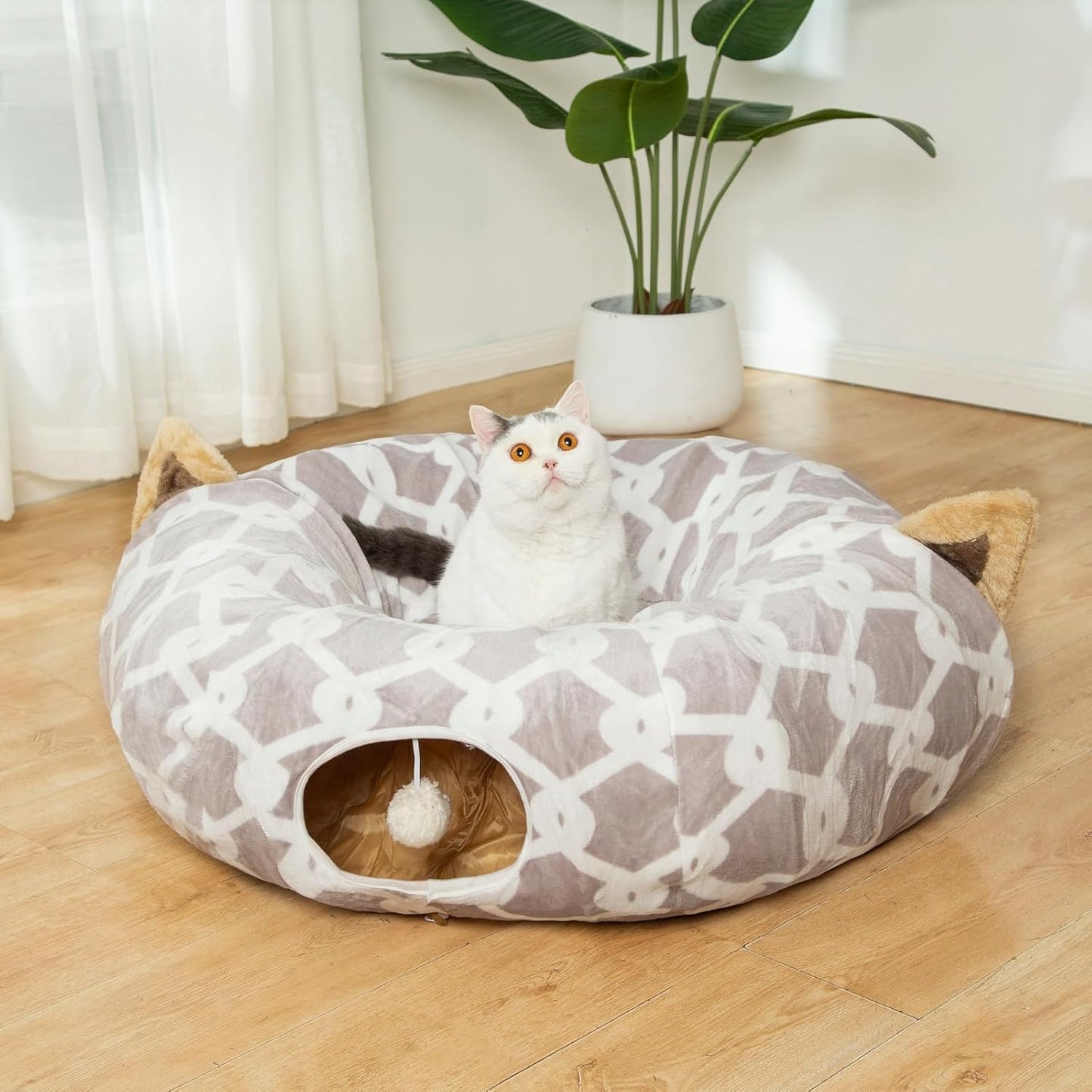Cozy Large Cat Tunnel Bed with Fluffy Toy Balls & Cushion - Flexible 10" Diameter, 3 Ft Length - Perfect for Cats & Small Dogs - Stylish Gray Geometric Design