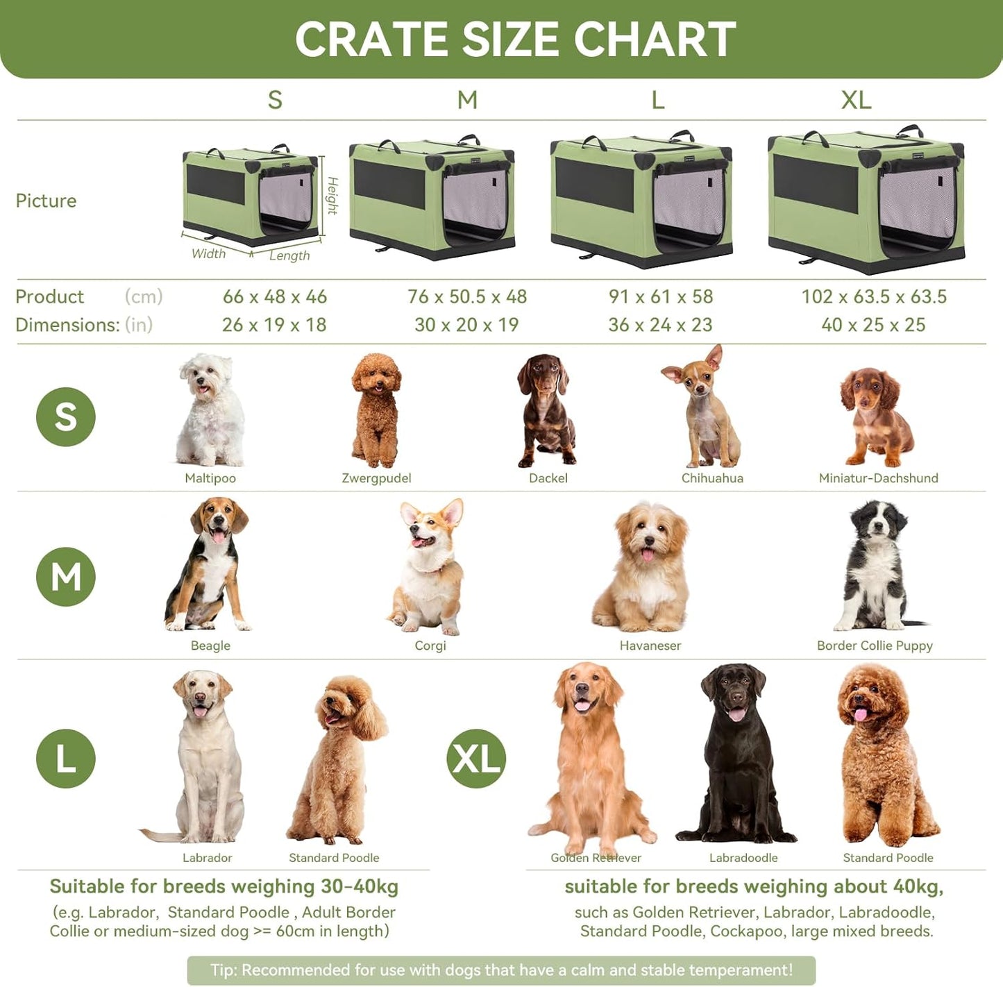 Premium 36-Inch Soft Dog Crate - Lightweight, Portable, and Easy Setup with Adjustable Framework and 3 Mesh Doors - Collapsible Green Dog Travel Kennel