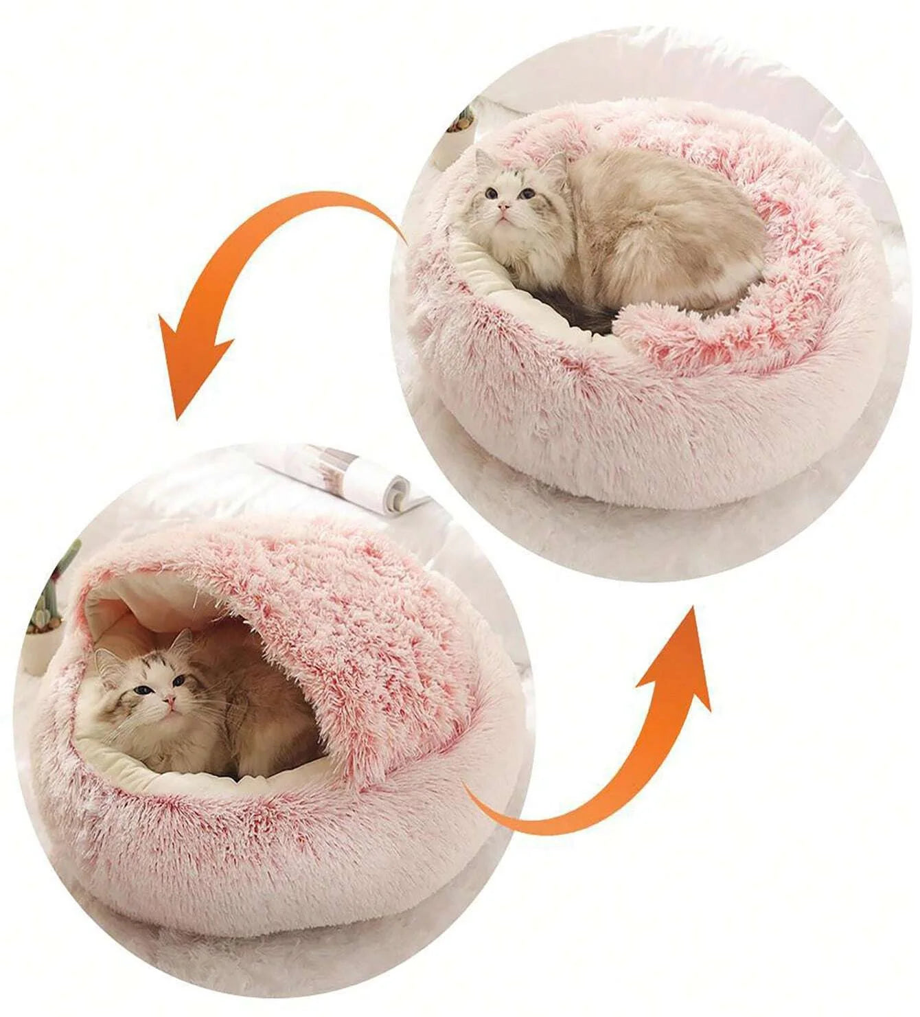 Cozy 2-in-1 Plush Hooded Cat & Dog Bed - Round Fluffy Sleeping Nest for Small Pets