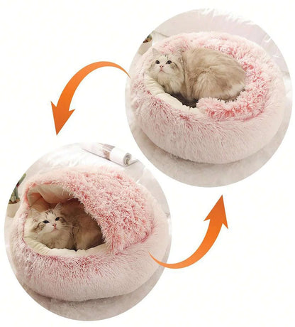 Cozy 2-in-1 Plush Hooded Cat & Dog Bed - Round Fluffy Sleeping Nest for Small Pets