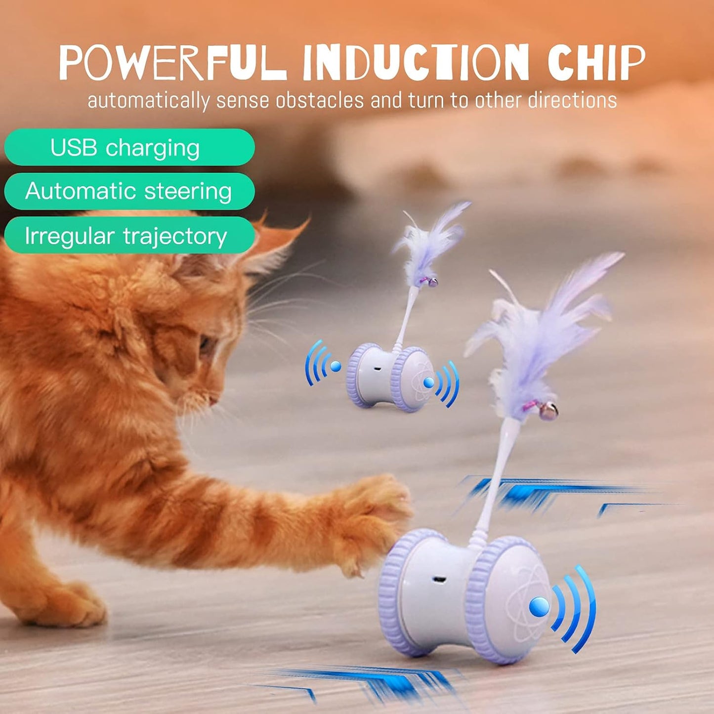 Exciting Automatic Cat Feather Toy - Interactive 360° Rotating Ball with LED Light, USB Rechargeable, and Replaceable Feathers - Perfect Indoor Fun for Your Feline (Blue)