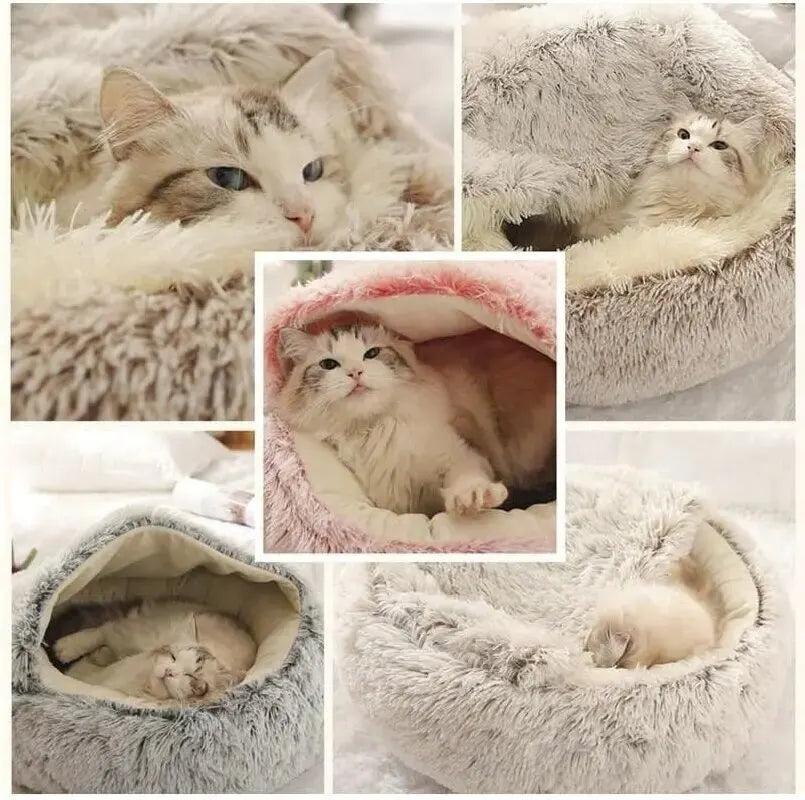 Cozy 2-in-1 Plush Hooded Cat & Dog Bed - Round Fluffy Sleeping Nest for Small Pets