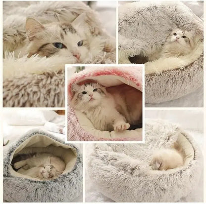 Cozy 2-in-1 Plush Hooded Cat & Dog Bed - Round Fluffy Sleeping Nest for Small Pets