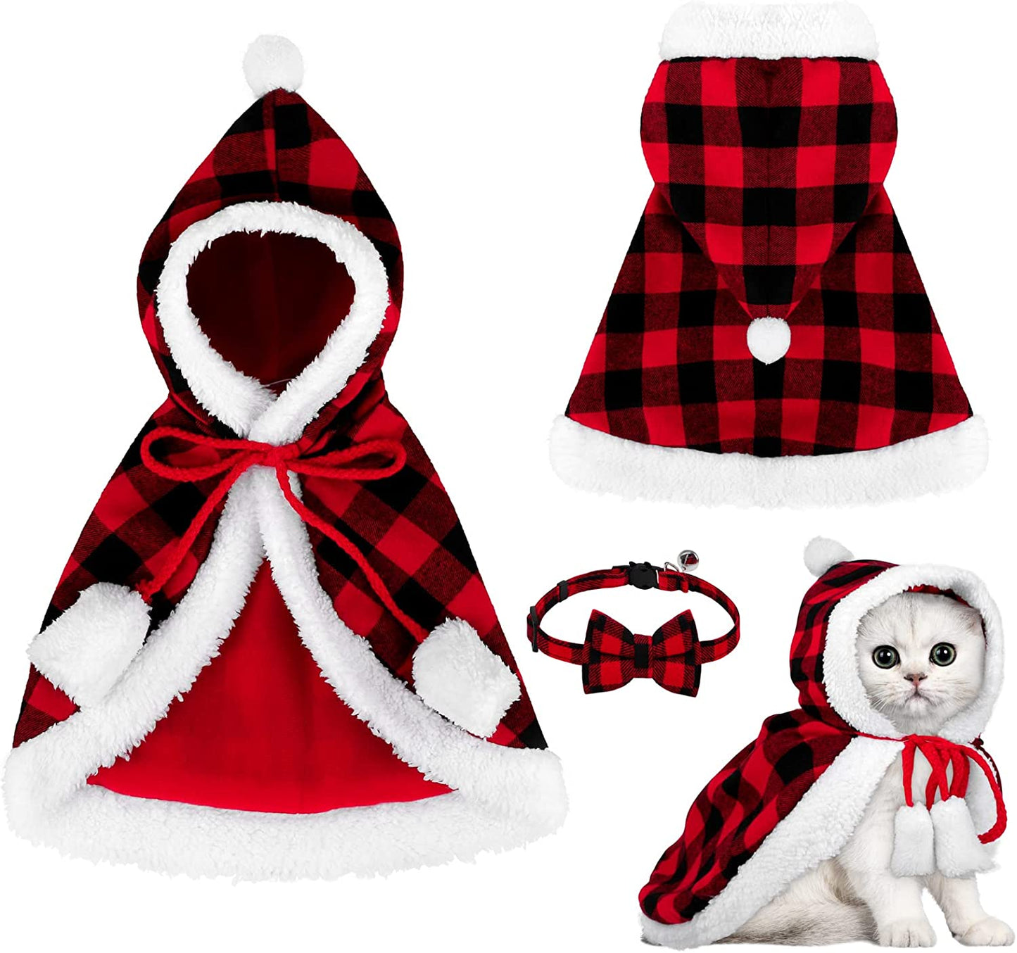 Christmas Cat Dog Costume Red Black Buffalo Plaid Pet Santa Cape with Xmas Hat Cat Collars with Bell and Bowtie Cats Cloak Pet Costume for Party Cosplay Christmas Pets Dress up (Medium)